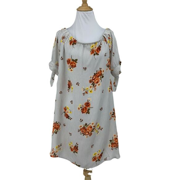 Haute Monde Floral Print Dress Womens Size L Off Shoulder Tie Mid Sleeves Stripe - Picture 1 of 12